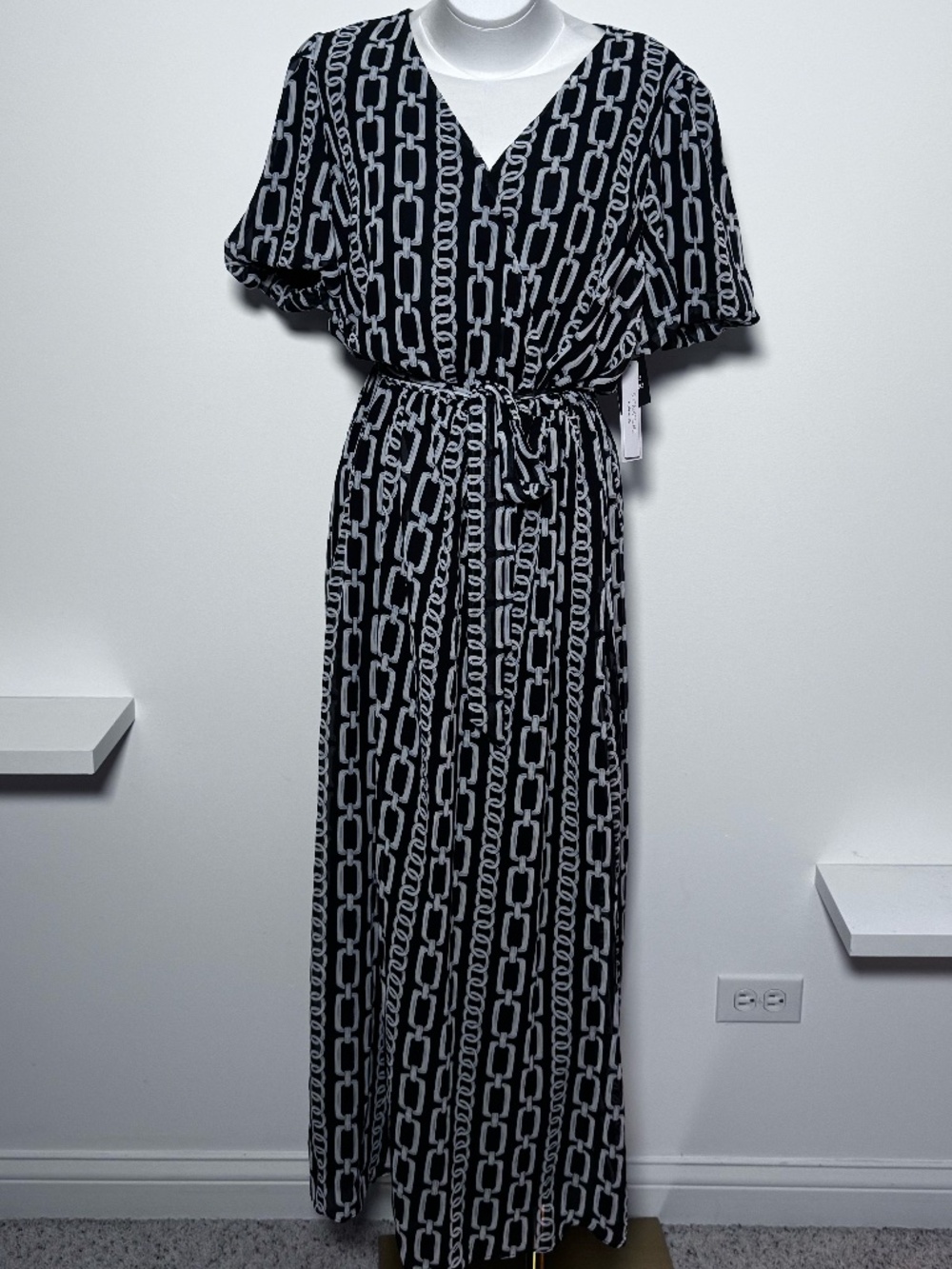 Signature by Robbie Bee Chain Link Chiffon Maxi Dress Sz 14 Puff Sleeve NWT